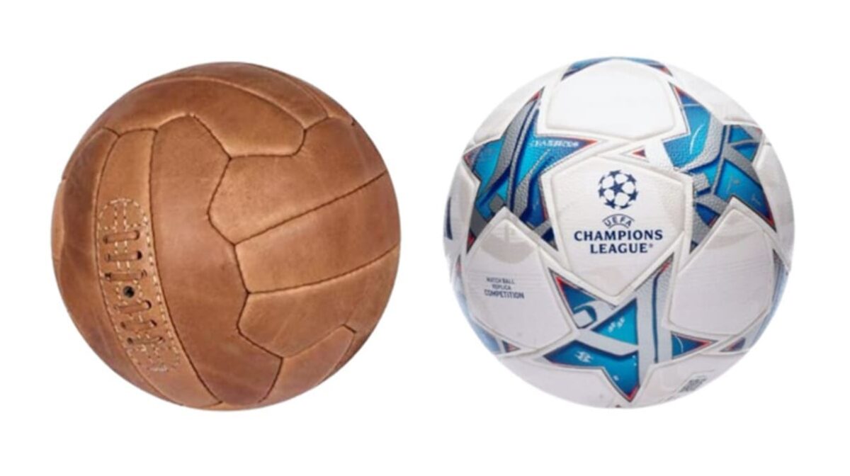 Un balón vintage de cuero junto a otro moderno de la Champions League